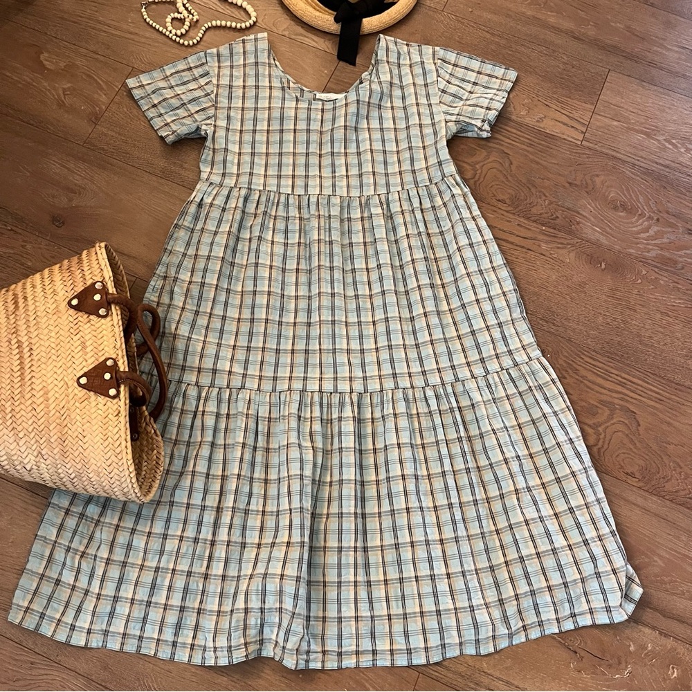 Oak + Fort Plaid Tired Midi Dress , Sz M